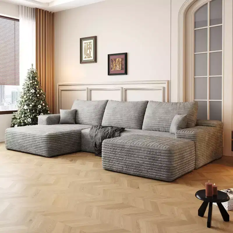 107 Inch Gray Plush Corduroy Fabric Cloud Sectional Sofa with 1 Ottoman Comfort U Shaped Sofa for Living Room