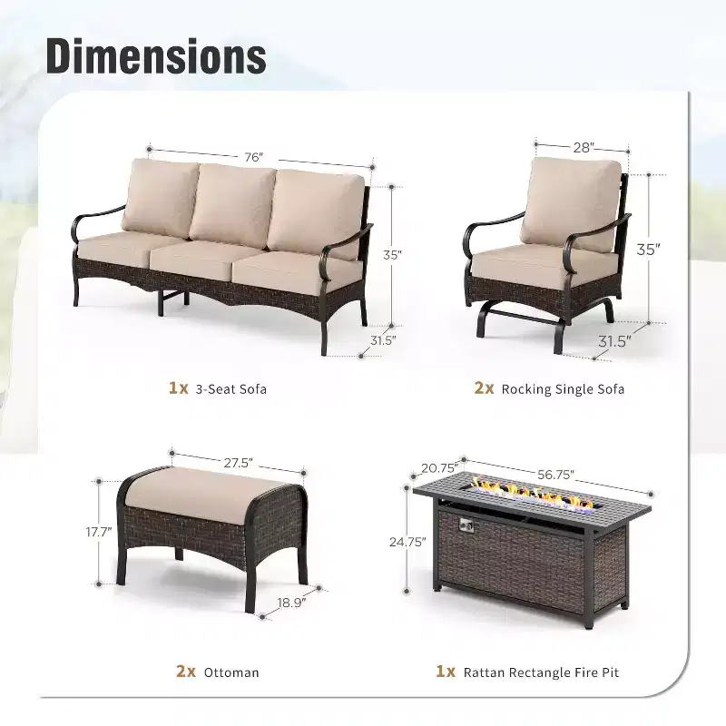 Captiva Designs 6pc Extra Large Metal and Rattan Outdoor Patio Fire Pit Set with Rocking Sofas and Ottomans