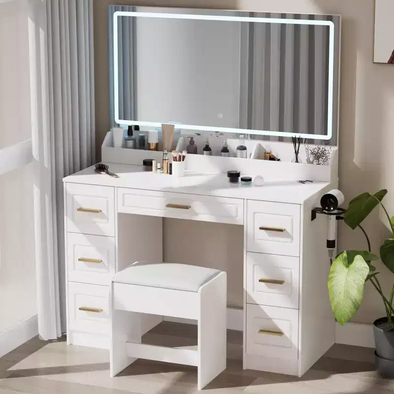 Homesflex 43 White Vanity Desk with Mirror, LED Lights, Power Outlet, 3 Light Modes, 7 Drawers, and Chair for Bedroom or Dressing Room