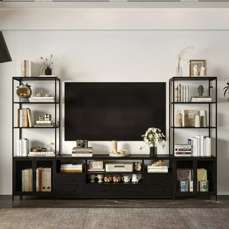 Famapy Contemporary Black TV Consoles Entertainment Center with Famapy Shelving & Drawers - Chic Storage Option for Home Media Spaces