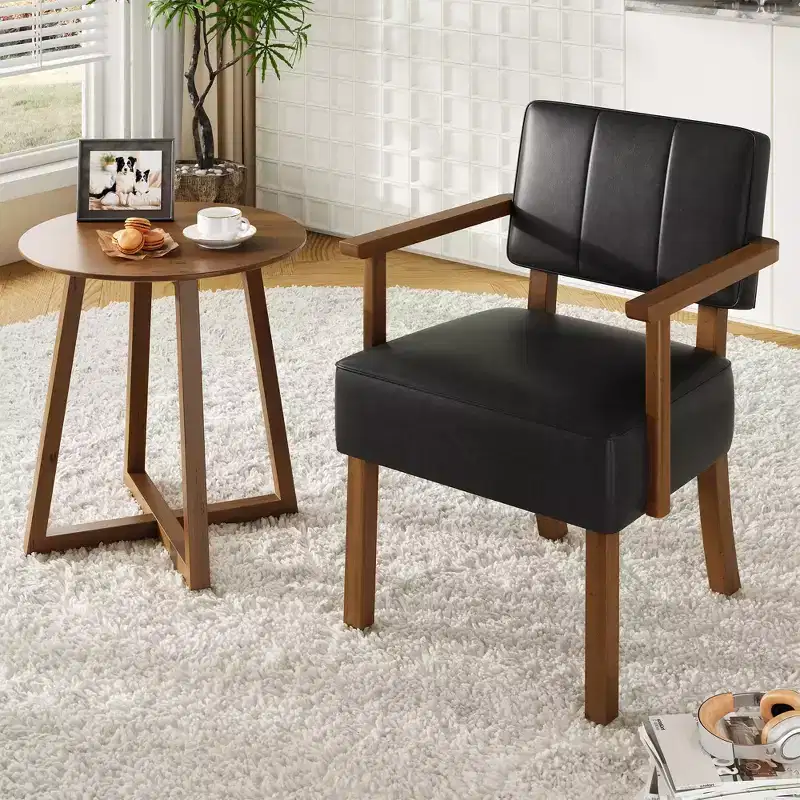 Coolmee Faux Leather Accent Chair, Mid-Century Modern Armchair with Classic Vertical Stripe, Reading Leisure Chair with Wood Frame for Living Room