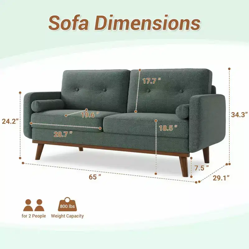 65 Mid Century Modern Loveseat Sofa, 2 Seater Linen Upholstered Couch with Button Tufted Design & Wood Legs for Living Room & Apartment