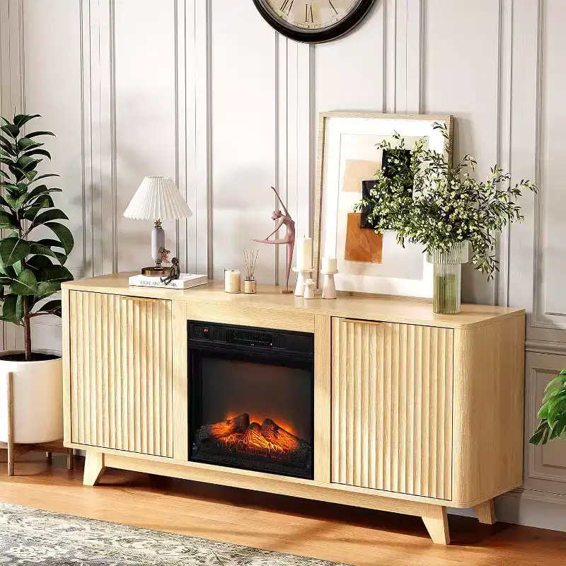 Fireplace TV Stand for up to 70 inch TVs, Fluted Entertainment Center with Electric Fireplace Heater & Adjustable Shelves, Oak