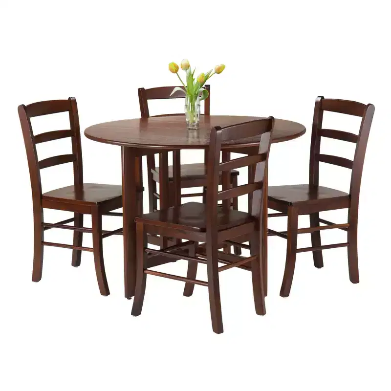 5pc Alamo Drop Leaf Dining Set with Ladder Back Chairs Wood/Walnut- Winsome: Round Table, 4-Point Leg Base