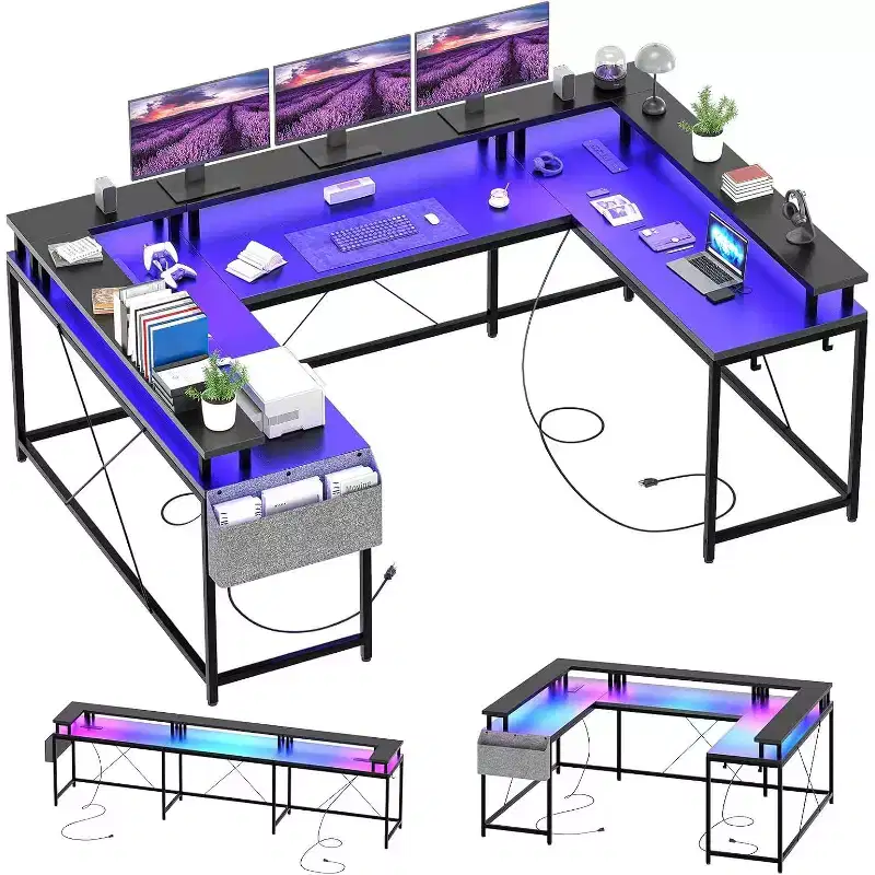 U Shaped Computer Gaming Desk,with LED Lights & Power Outlets,Corner Computer Desk with Storage Shelves,for Home Office