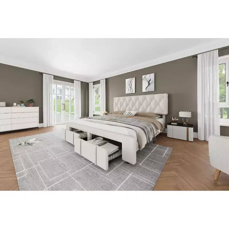 Bed frame, modern upholstered bed frame with tufted headboard and storage drawers - heavy-duty wooden slats, no box spring required, easy assembly