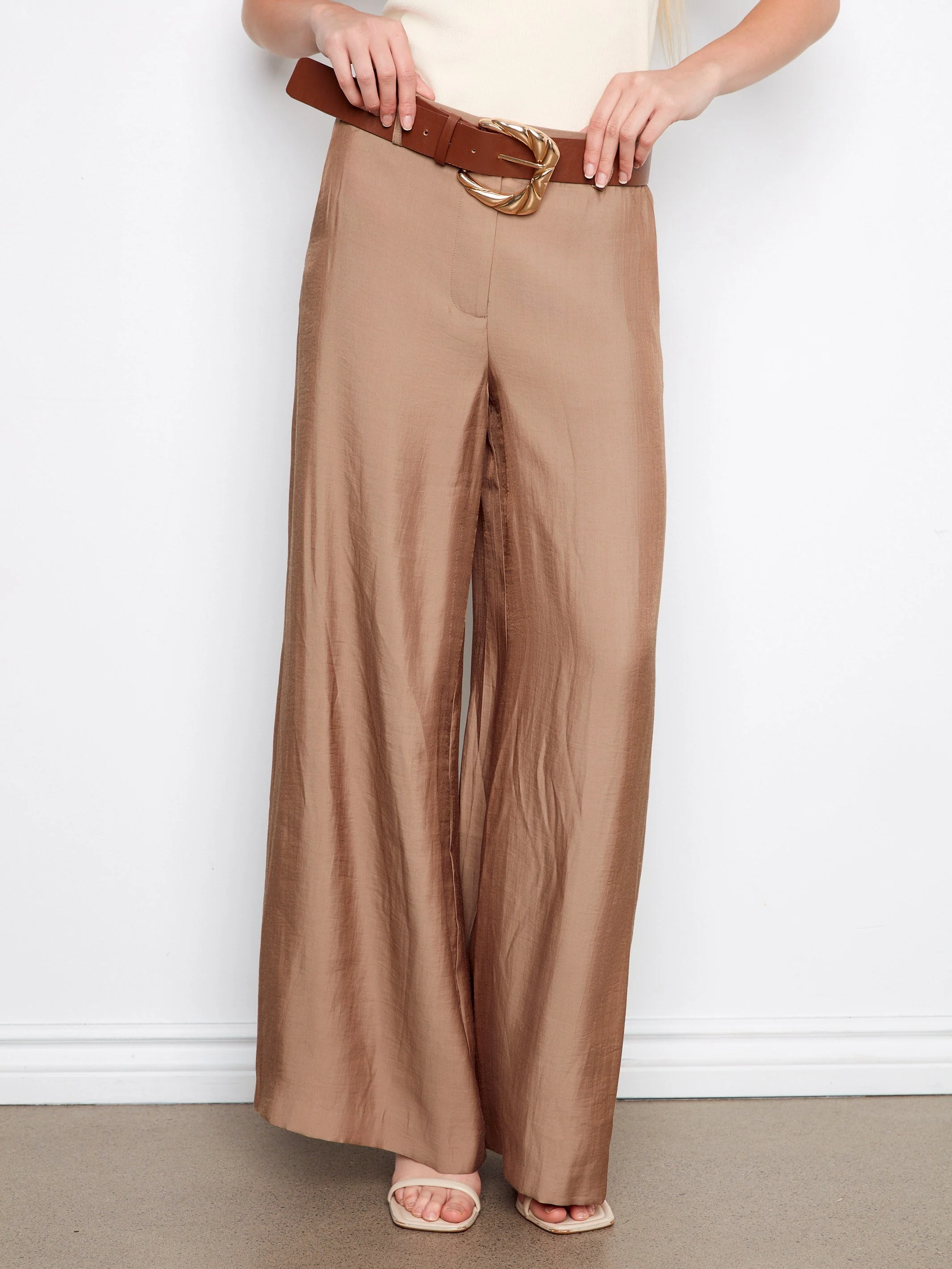 Satin Belted Wide Leg Pants - Sand