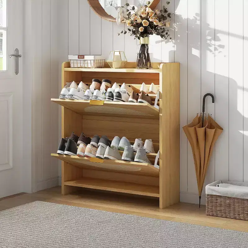 2 Flip-Drawer Shoe Storage Cabinet - Free Standing Narrow Organizer with Rattan Doors for Entryway & Hallway, Natural wood color