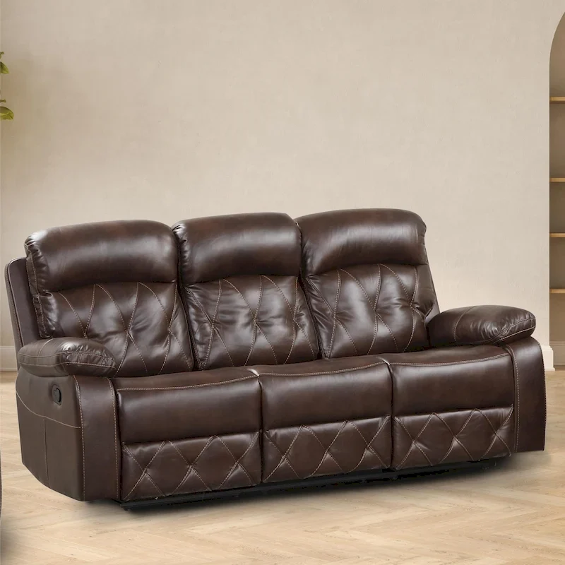 Owen Brown Breathable Leather Reclining Sofa with Diamond Stitching