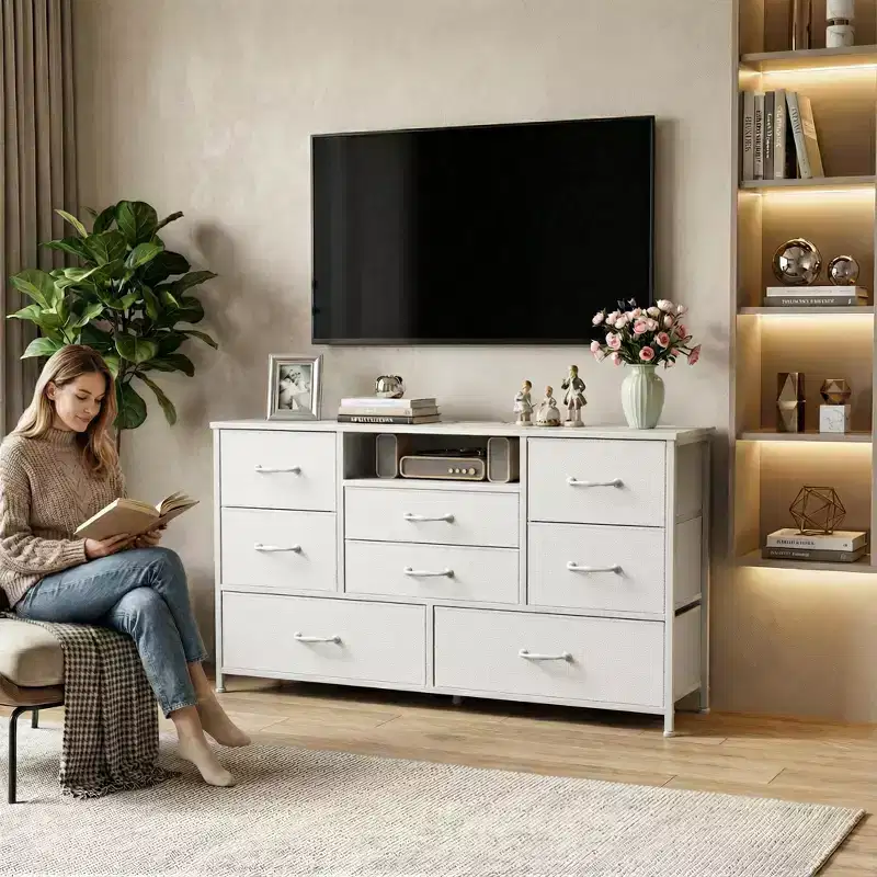 Wide White 8 Drawer Dresser Fabric Storage Chest of Drawers Charging Station Open Shelf Bedroom Nursery Furniture Media Console TV Stand