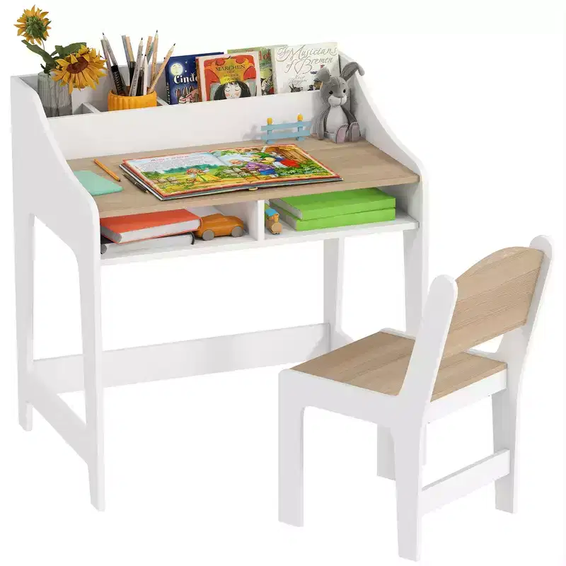 Qaba Kids Desk and Chair Set, Children Study Table with Storage Shelves, Student Writing Desk for Bedroom & Study Room, 3-8 Years Old