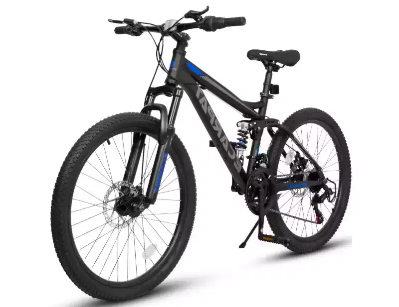 24 Mountain Bike, 21-Speed Full Suspension Bicycle with Front Fork & Shock Absorber, Steel Frame Ergonomic City Bike for Men & Women