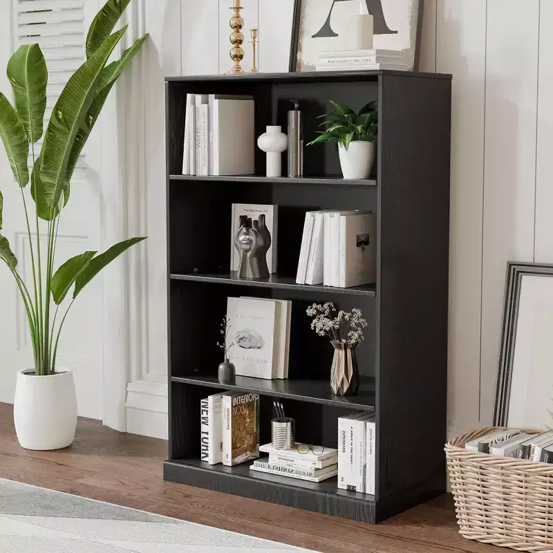 [48.5-inch | Practical]4-Tier Doorless Wood Grain Storage Shelf (Matte Black + Heavy-Duty Storage)