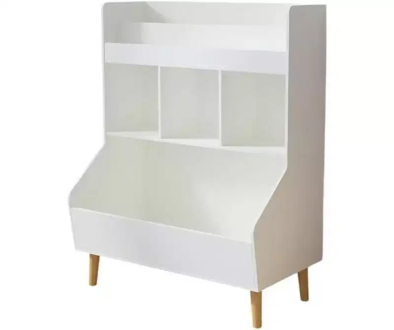 Kids Bookshelf, Toy Storage Cubby with Toy Storage Bin, 3 Storage Compartments and 2-Tier Open Shelves, Rounded Design for Playroom Kindergarten