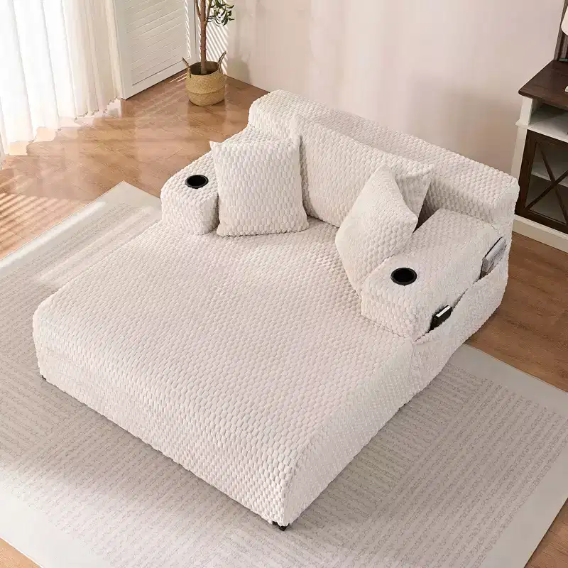 54 in. Chaise Lounge Chair, Turtle Velvet with Pillows, Cup Holders and Side Pockets