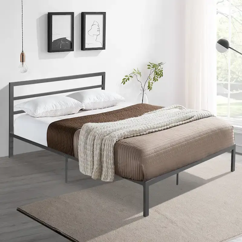 Black / Charcoal Grey Queen Size Steel Platform Bed with Headboard, 1-Person