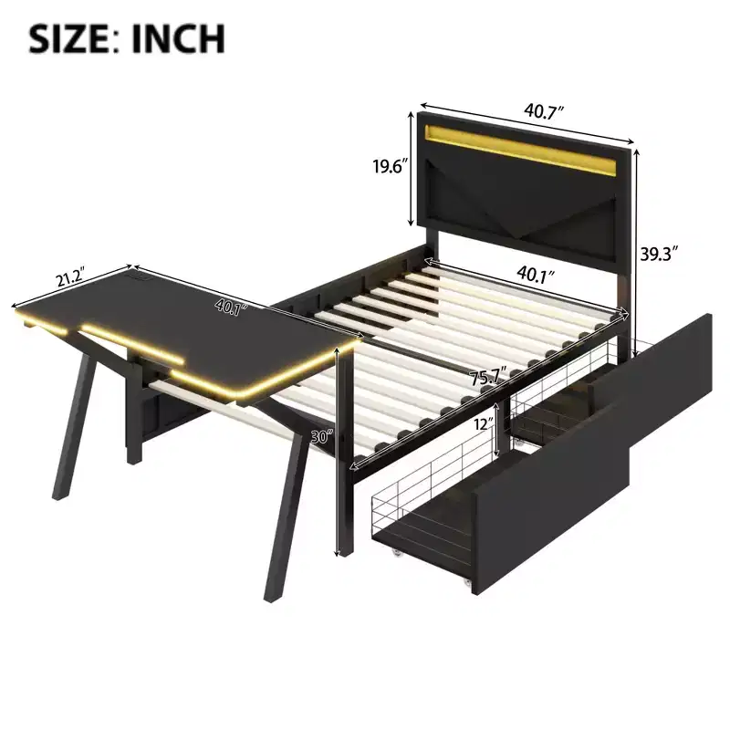 Twin Gaming Bed with Desk and LED and Storage Drawers, Metal Gamer Bed, Twin Beds with Desk, Black