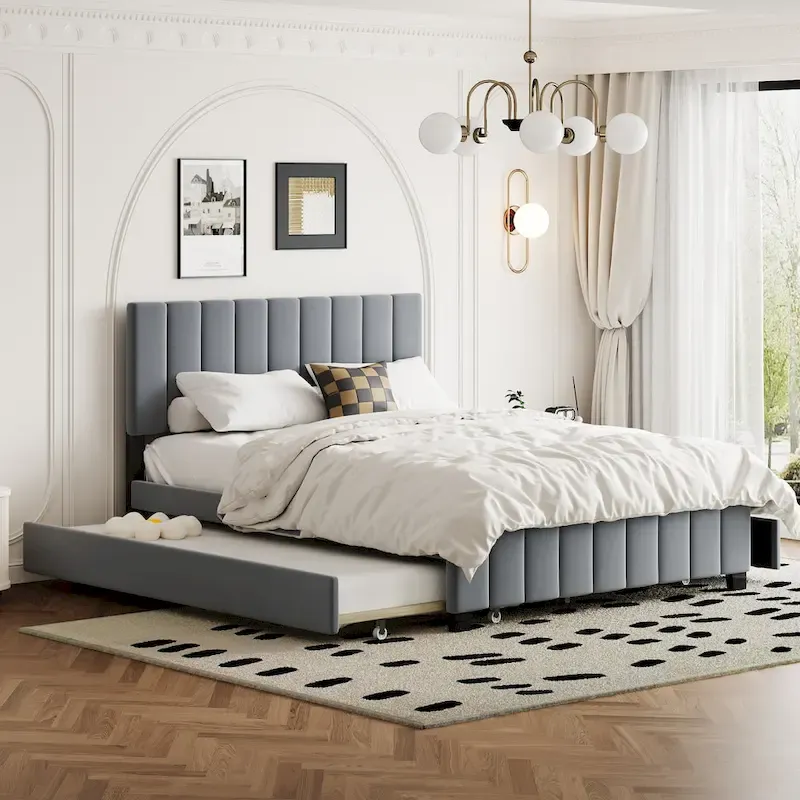 Queen Size Velvet Bed with 2 Drawers and Twin XL Trundle
