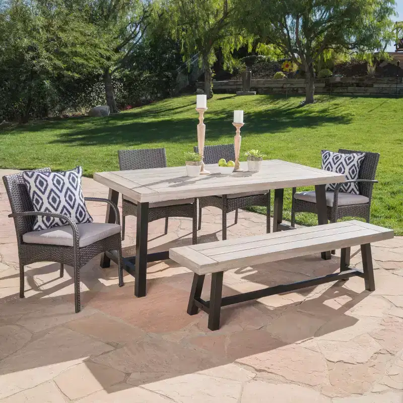 Christopher Knight Home Luster Outdoor Acacia Wood and Wicker 6 Piece Dining Set with Bench