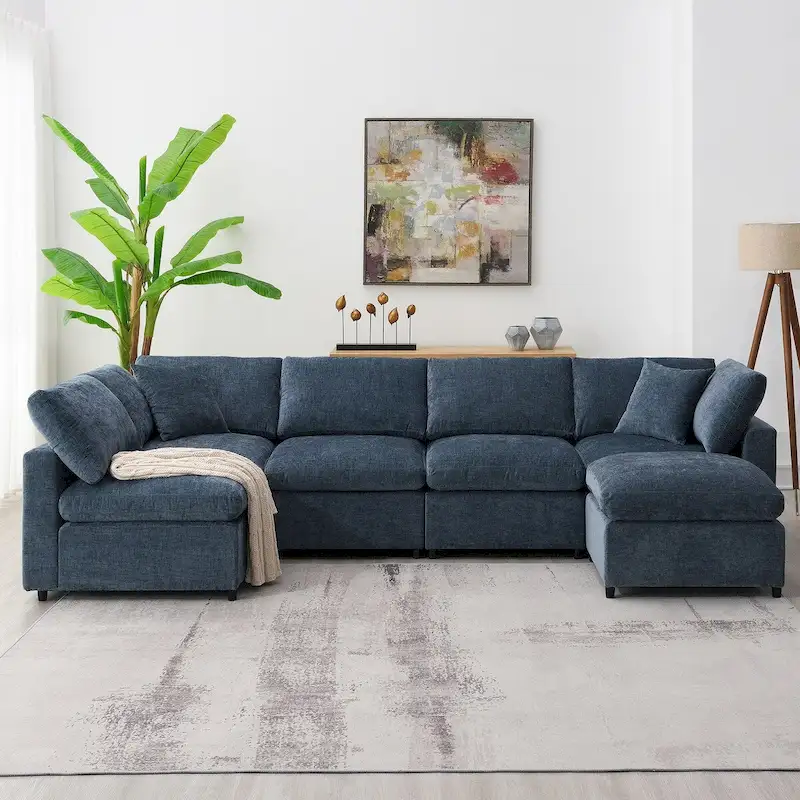 U-Shaped Modular Chenille Sectional Sleeper Sofa with Ottoman