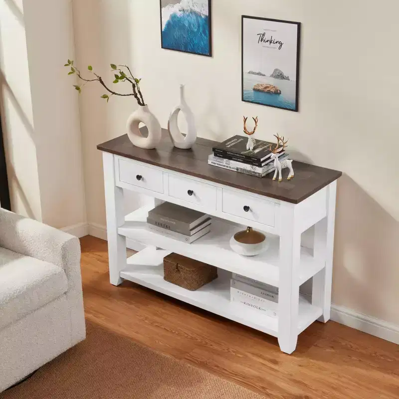 44Console Table with Two Open Shelves, Pine Solid Wood Frame and Legs for Living Room,Brown&White