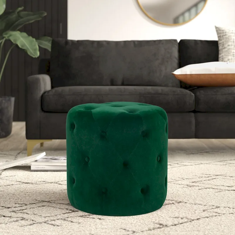 Blue / Green / Grey / Pink Tufted Round Ottoman – Single-Seat Footstool