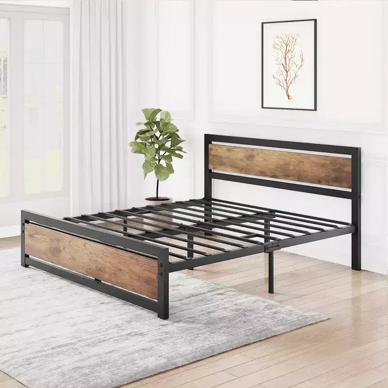 Full Metal Platform Bed Frame with Wooden Headboard, Heavy Duty, Non-Slip, Large Underbed Storage, No Box Spring Needed, Noise-Free, Full Size