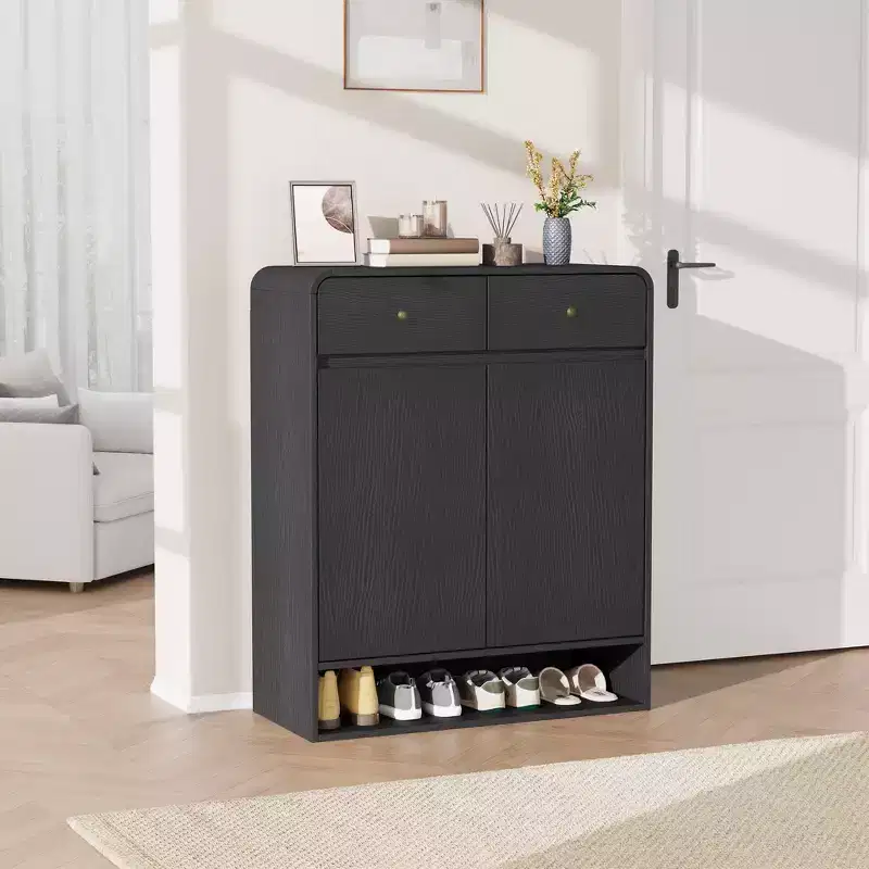 Modern Shoe Storage Cabinet, Wooden Entryway Shoe Organizer with 2 Drawers & Adjustable Shelves, Freestanding Shoe Rack for Living Room Bedroom