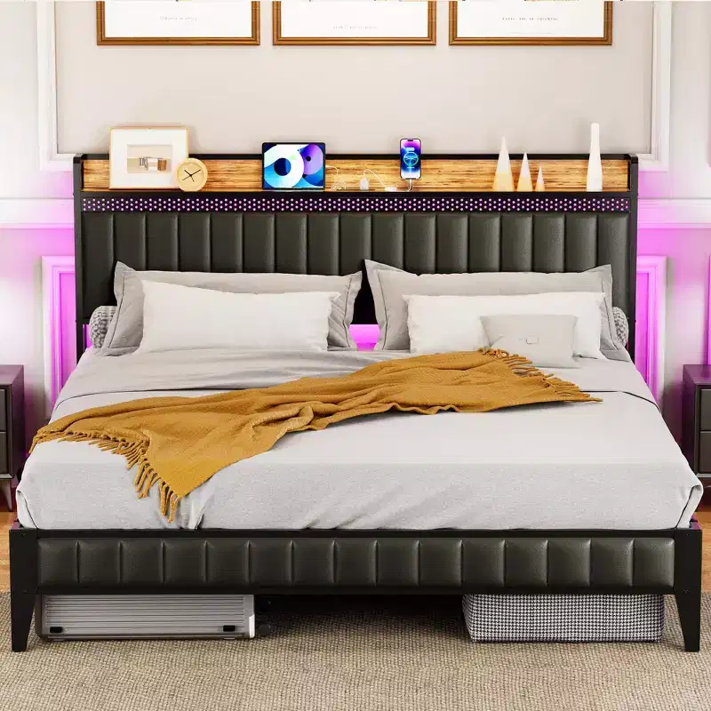 Bed Frame with Led Lights and Storage Headboard, Upholstered Platform Bed with Charging Station, Heavy Duty, No Box Spring Needed, Easy Assembly