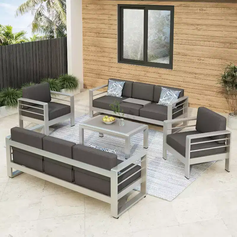 Christopher Knight Home Eleanor Outdoor Aluminum 8 Seater Chat Set with Cushions, Khaki/Silver