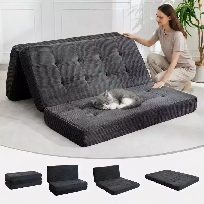 75x54.3 6 Tri-Foldable Foam Folding Mattress, Tufted Corduroy Sofa Bed Floor Guest Mattress, Portable Supportive for Home & Camping