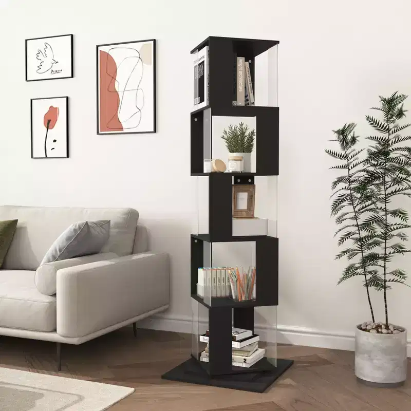 JVNOXK 360 Rotating Acrylic Modern Bookshelf, 5-Tier Floor-Standing Minimalist Bookcase, Suitable for Living Room or Bedroom, Black