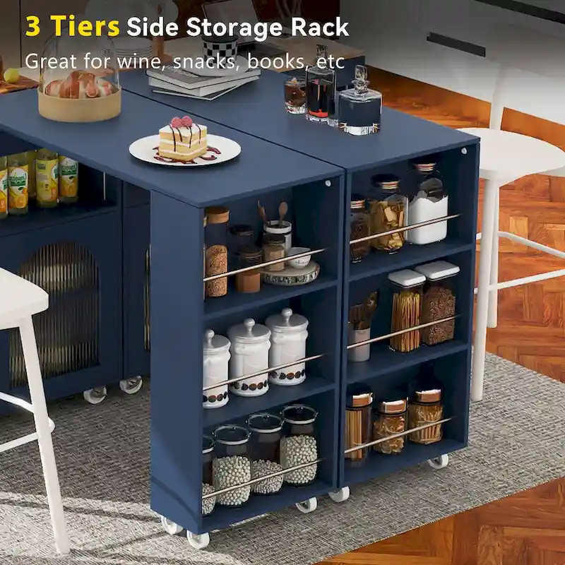 LED Lights Kitchen Island Cart With Extended Table and Power Outlets