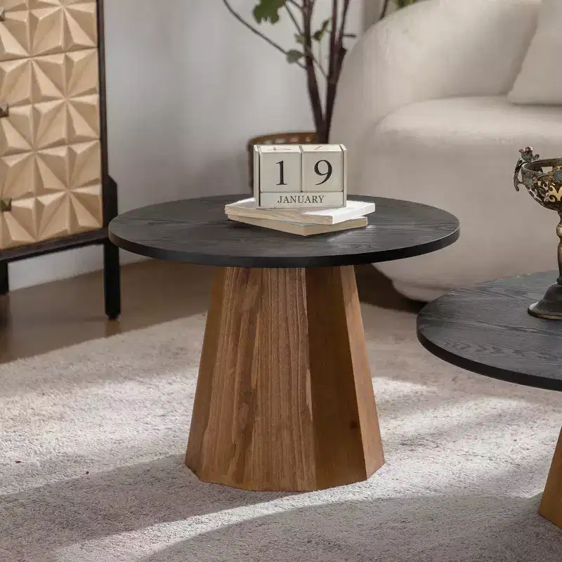Round Coffee Table with Real Bark Pattern Veneer and Sturdy Pedestal Base