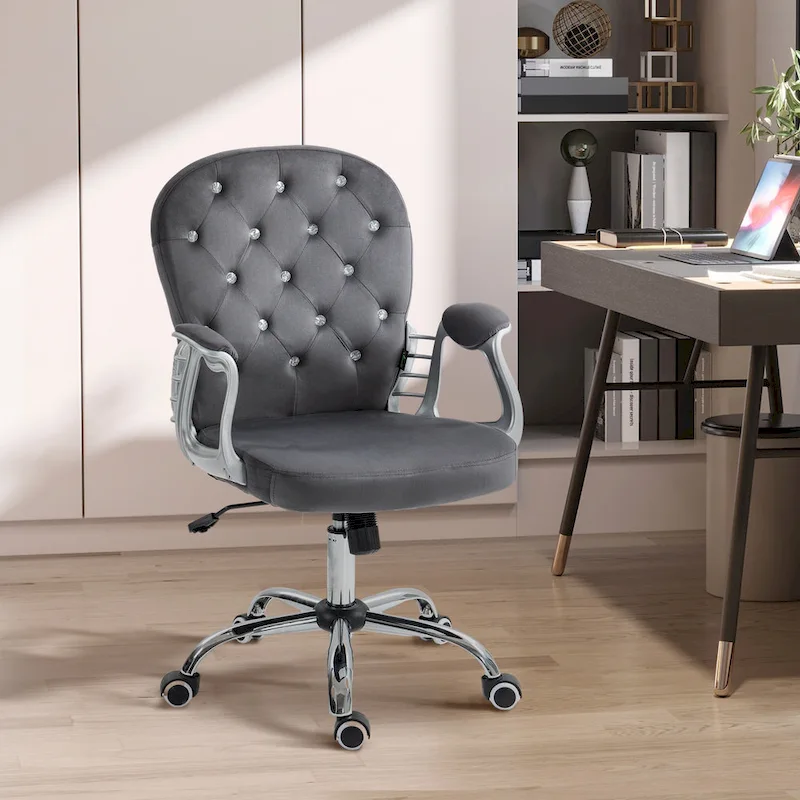Vanity Middle Back Office Chair Tufted Backrest Swivel Rolling Wheels Task Chair with Height Adjustable Armrests