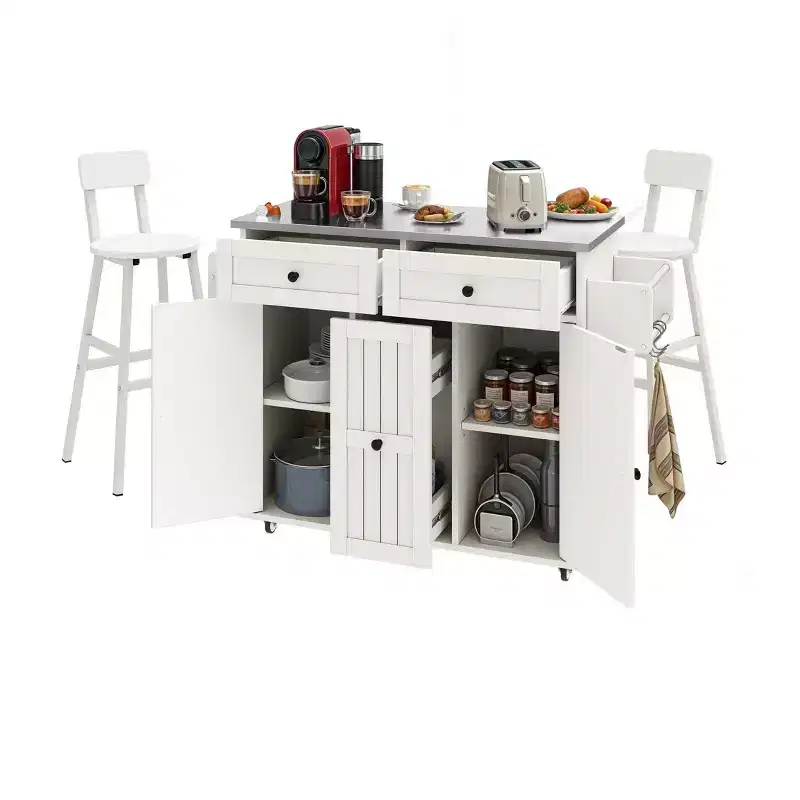 Rolling Kitchen Island Cart with Drop Leaf Countertop Adjustable Shelve Spice Rack With Two Chairs For Kitchen Dining Room