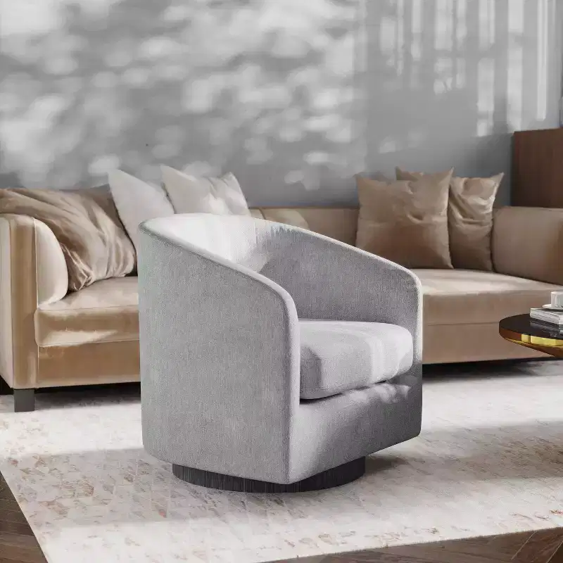 Upholstered Club Style Barrel Accent Chair with 360° Swivel Vinyl Wrapped Base and Sloped Armrests