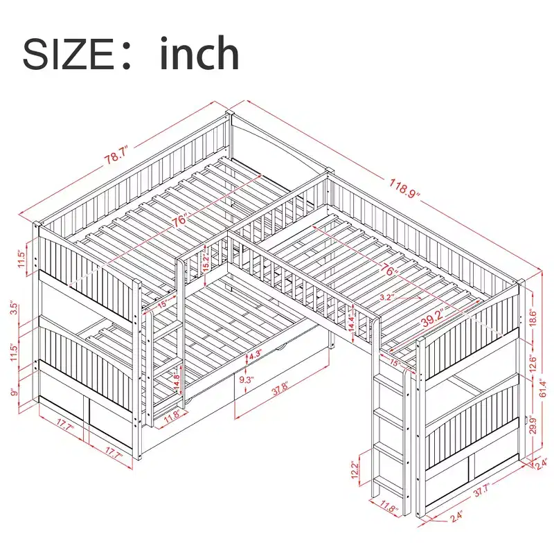 Twin L-Shaped Wood Bunk Beds with 3 Storage Drawers, Twin over Twin Wooden Triple Loft bedframe for 3 Kids