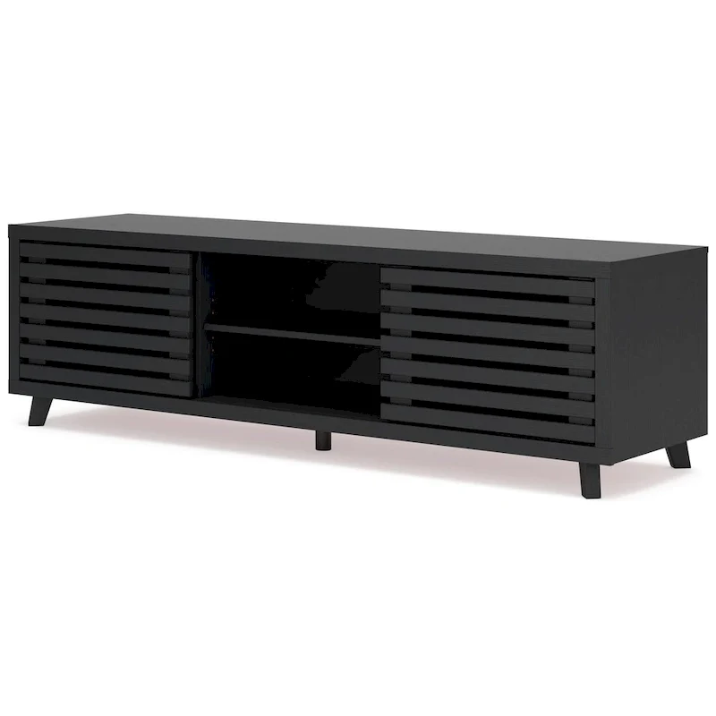 72-Inch Black TV Media Console | 4 Adjustable Shelves | 2 Sliding Doors | Matte Wood Grain Finish | MDF