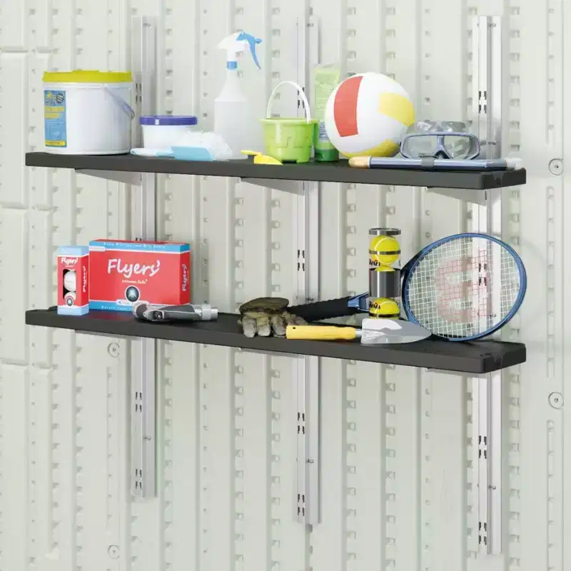 Suncast Vertical Shed 8 Shelf Kit Space Saving Wall Mount Outdoor Storage, Black