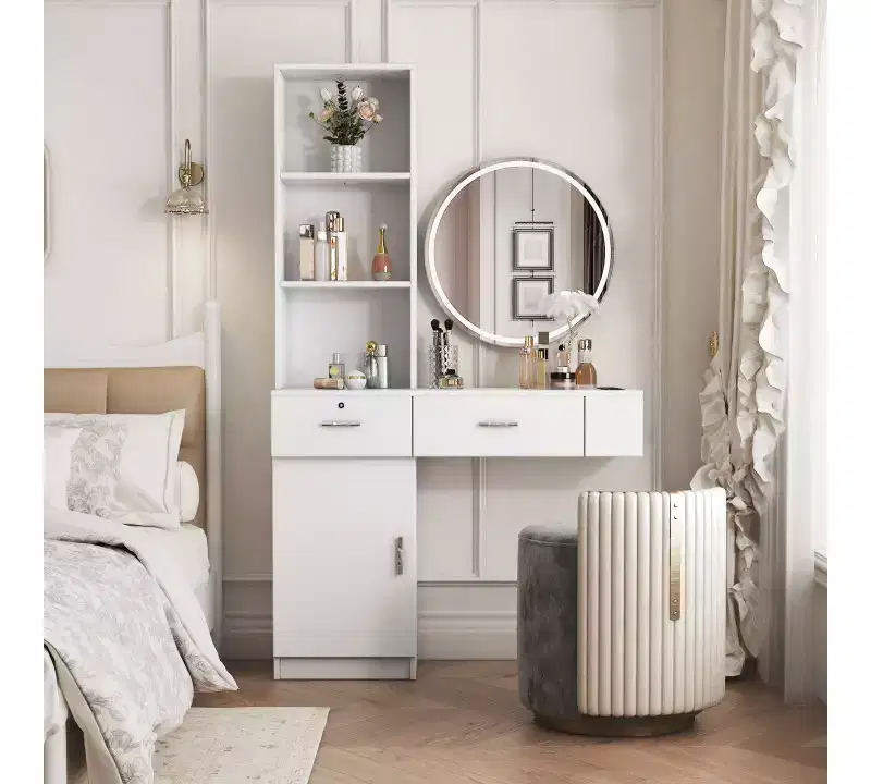 JVNOXK 39-inch Modern Minimalist Dressing Table Multi-tier storage design with ample space Features two closed drawers and one cabinet White