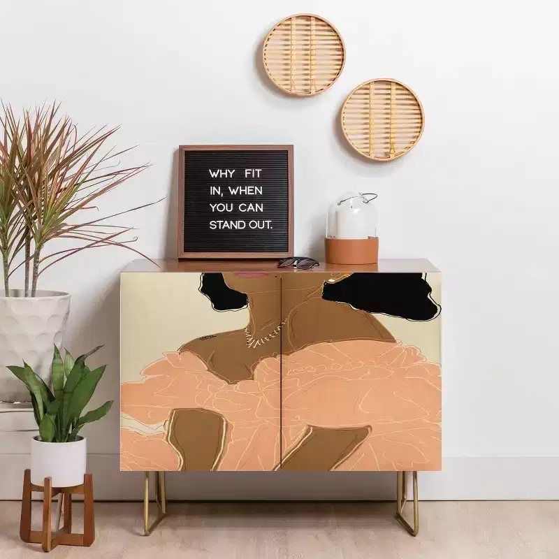 Floral Pattern Credenza, Birch Frame, 2 Doors, Adjustable Shelf