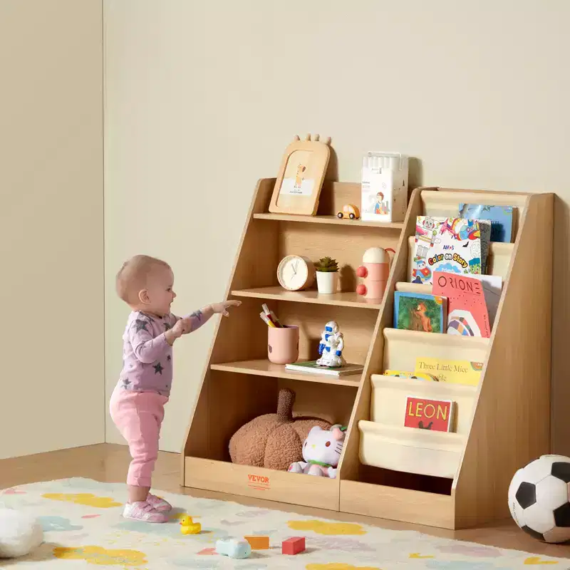 VEVOR 4-Tier Kids Wooden Bookshelf, Six-Layer Sling Bookcase, Baby Storage Book Rack, Book Toy Organizer Cabinet, for Kids Room, Playroom