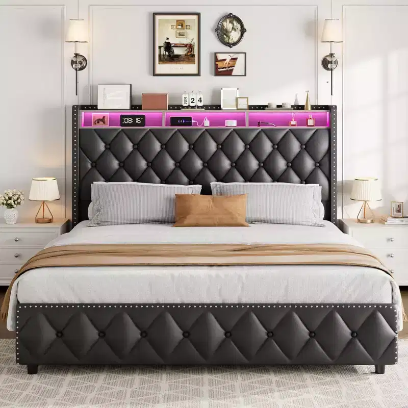 Bed Frame with Headboard, Platform Leather Upholstered Bed Frame with 4 Storage Drawers, Led Lights, No Box Spring Needed, Easy Assembly