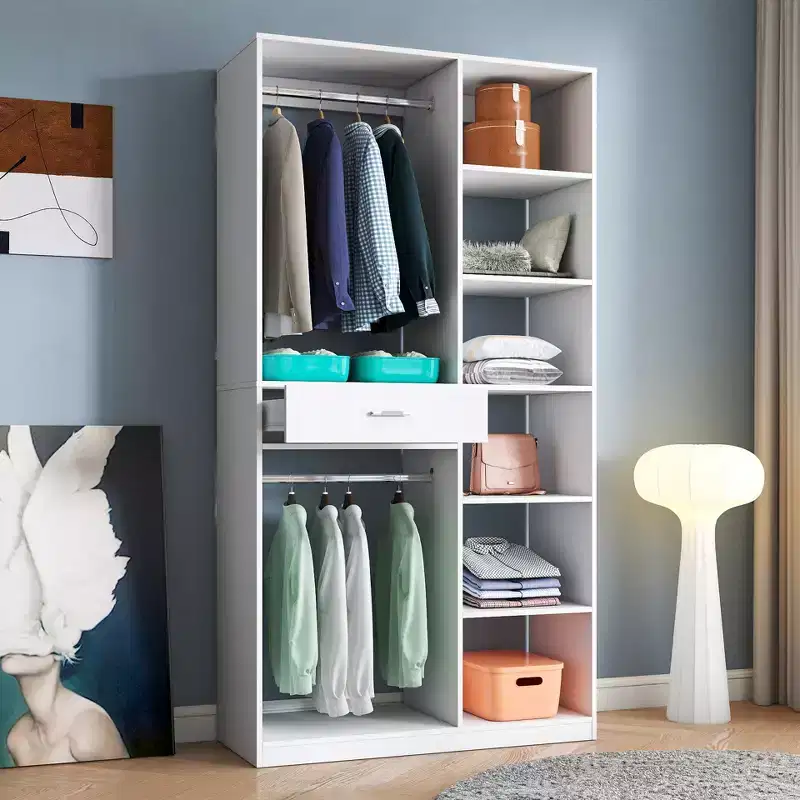 Freestanding Closet System, Standalone Wardrobe with 6 Open Shelves, Wood Walk-in Closet, White