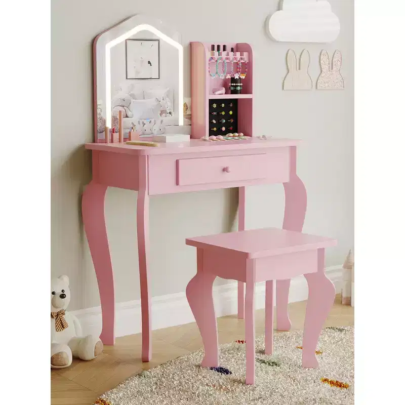 Kids Vanity with Lighted Mirror, Little Girl Vanity and Stool, Toddler Makeup Table Set and Makeup Playset for 3-8 Girls