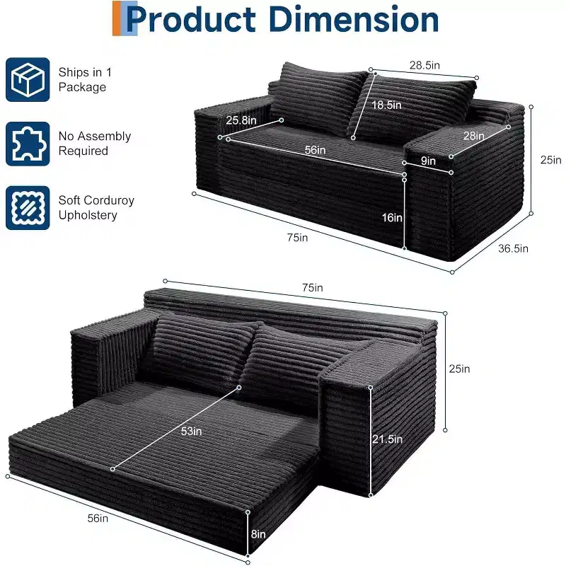 SunnyFurn 75 Convertible Sofa Bed with 2 Pillows - 2-in-1 Folding Sleeper Couch, No Assembly, for Living Room & Bedroom