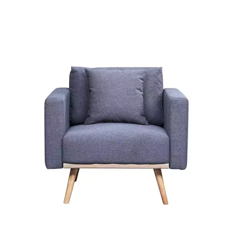 Accent Chair, Gray Linen Fabric Armchair with Throw Pillow, USB Charging Ports, Side Pockets, Solid Wood Legs, Single Sofa Chair for Living Room