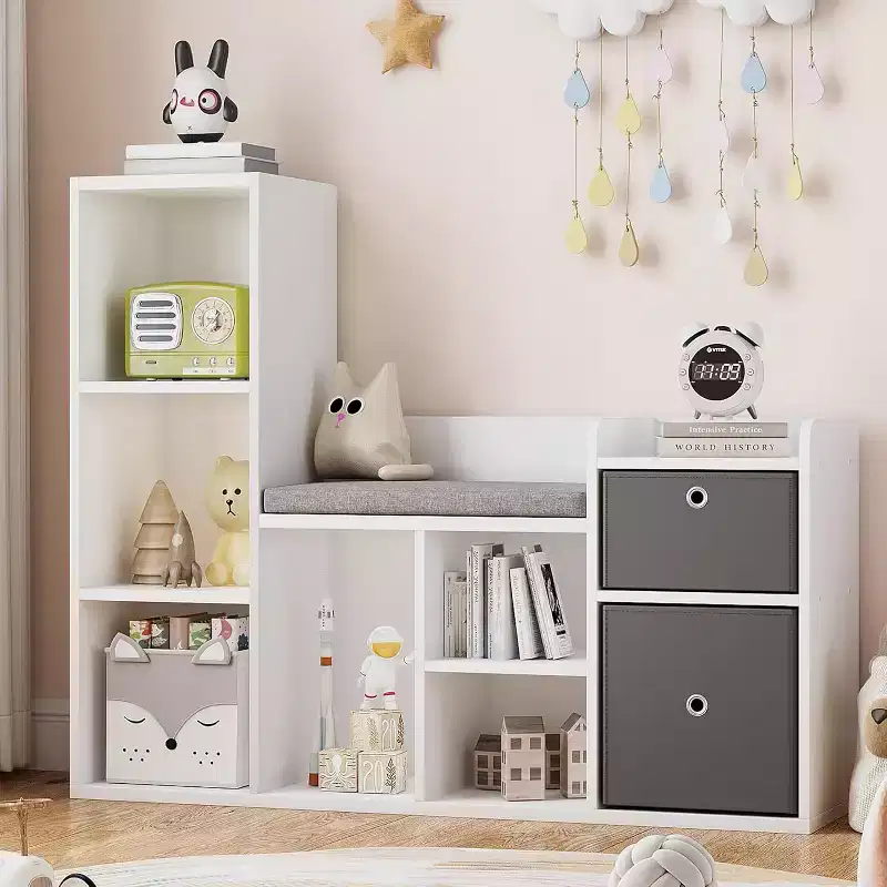 Wooden Kids Bookshelf, 5-Cubby Playhouse Bookcase with Storage Boxes, Organizer Shelf for Nursery Playroom Bedroom, White
