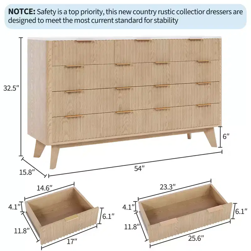 Fluted 9 Drawers Dresser, Wooden Chest of Drawers with Fluted Wave Pattern, Modern TV Stand Dresser, for Bedroom, Living Room, Entryway